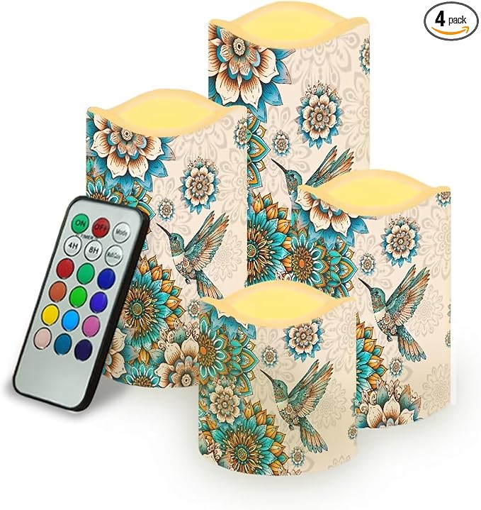 Ystardream Western Hummingbird Flameless Candles with Timer Led Candles Flickering 4 Candle Sets for Home Decor,18 Key Remote Control，Dancing Flames, True Wax, Battery Powered.-VerdiqueGarden