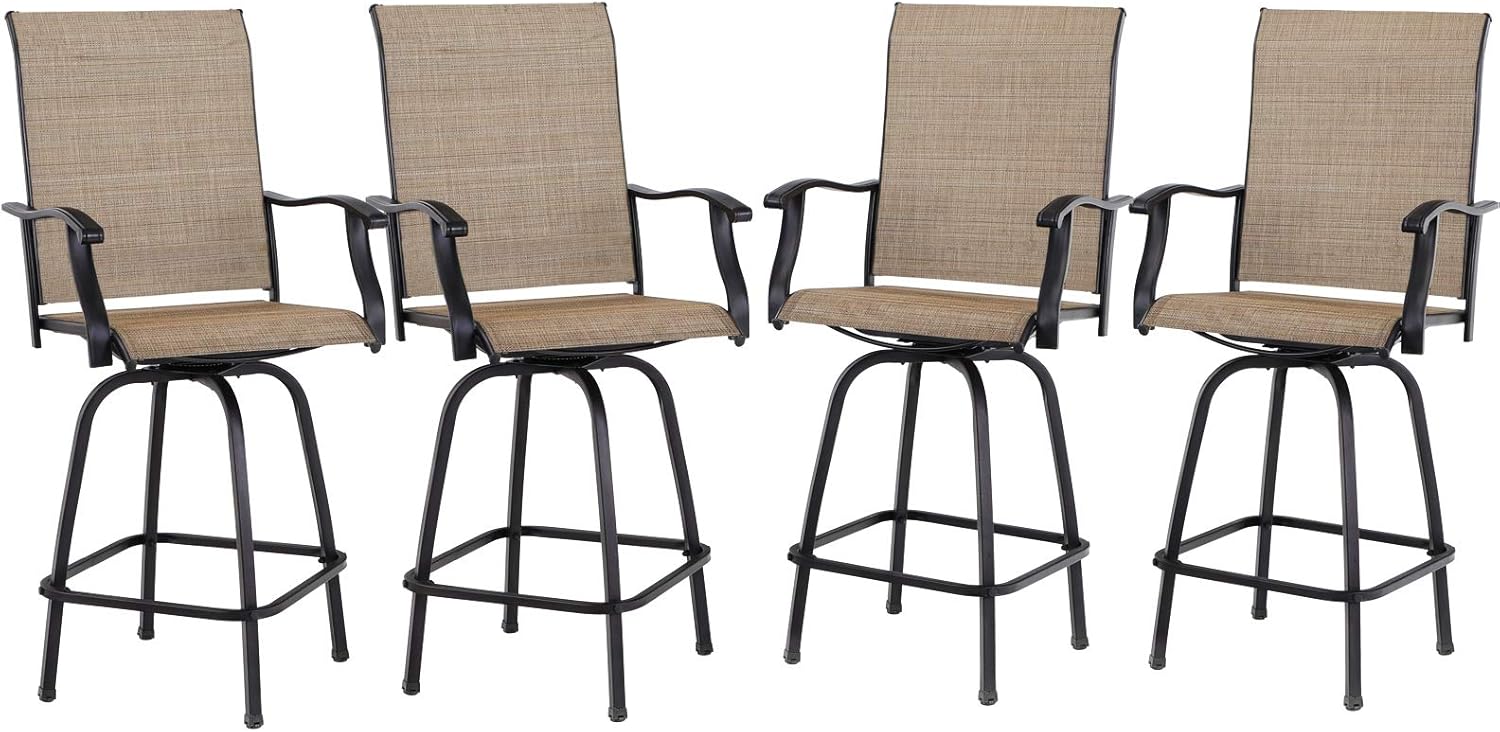 PHI VILLA Outdoor Bar Stools Set of 4, Swivel Patio Bar Stools & Chairs with 30" Seat Height & Brown Textilene Backrest, Tall Outdoor Chairs Bar Funiture for Outside, Porch and Yard-VerdiqueGarden