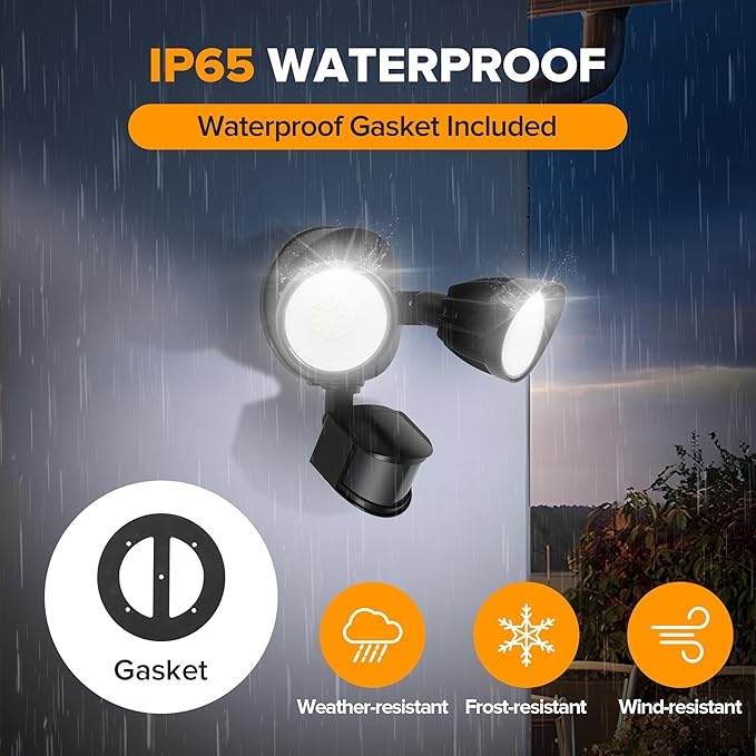 UME LED Security Light Motion Sensor Outdoor Lights, 27W 3000LM, 5000K, IP65 Waterproof, Dusk to Dawn, 2 Head Motion Detector Flood Light for Outside, Garage, Yard (Black)-VerdiqueGarden
