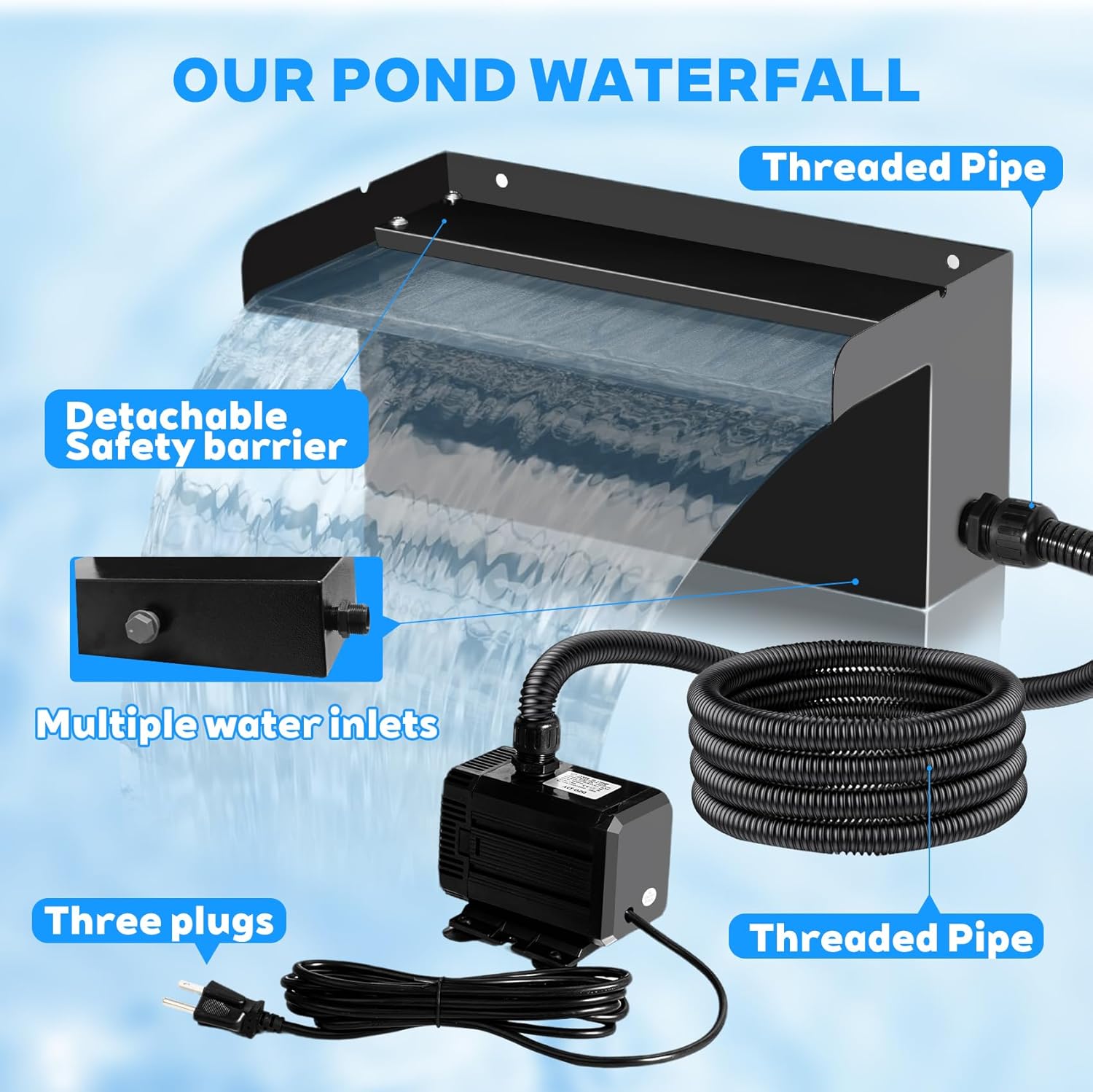 Pond Waterfall Kit with Pond Filter Box - 55W Submersible Pump & 12" Adjustable Waterfall Spillway | Complete Set with Extra Long Hose for Garden Ponds, Backyard Water Features-VerdiqueGarden