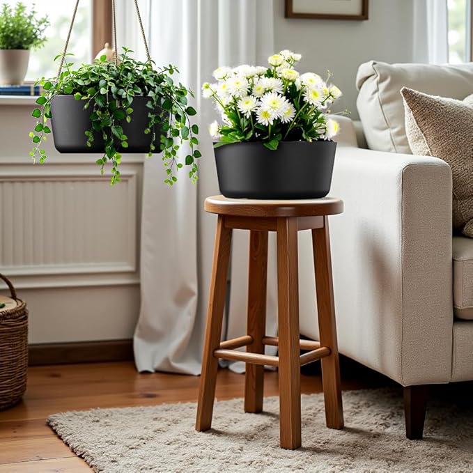 10.7 Inch Hanging Planter for Outdoor Indoor Plants，2 Pack Hanging Flower Pots with Drain Holes for Garden Home Decor Use (Black)-VerdiqueGarden