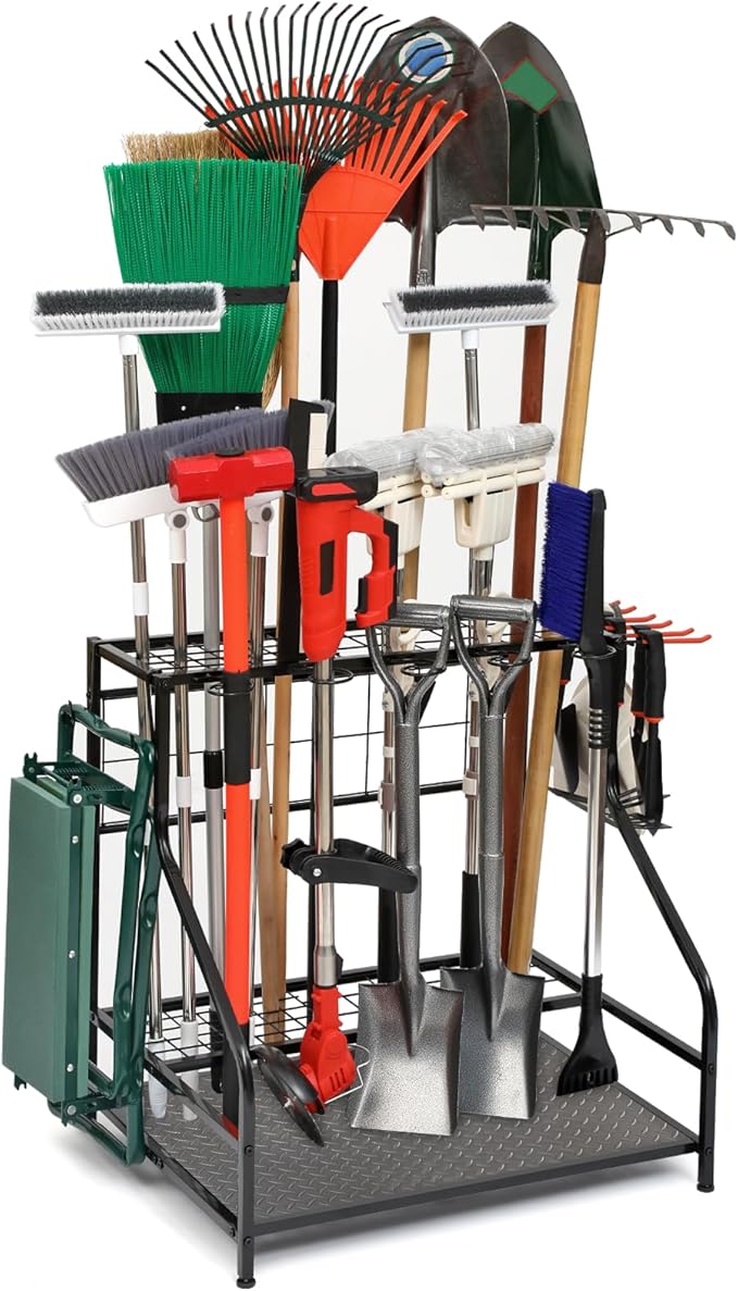 Garden Tool Organizer for Garage, Garden Tool Rack, Up to 58 Long Handled Tools, Yard Tool Holder for Garage, Shed, Outdoor, Tool Stand, Black (Garden Tool Rack)-VerdiqueGarden