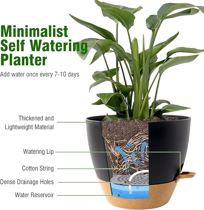 10/9/8 inch Medium Self Watering Pots, Planter, Plant Pots with Mesh Drainage Holes for Indoor Outdoor Garden Plants, Plastic Flower Pots with Removable Deep Reservoir, Black with Brown-VerdiqueGarden