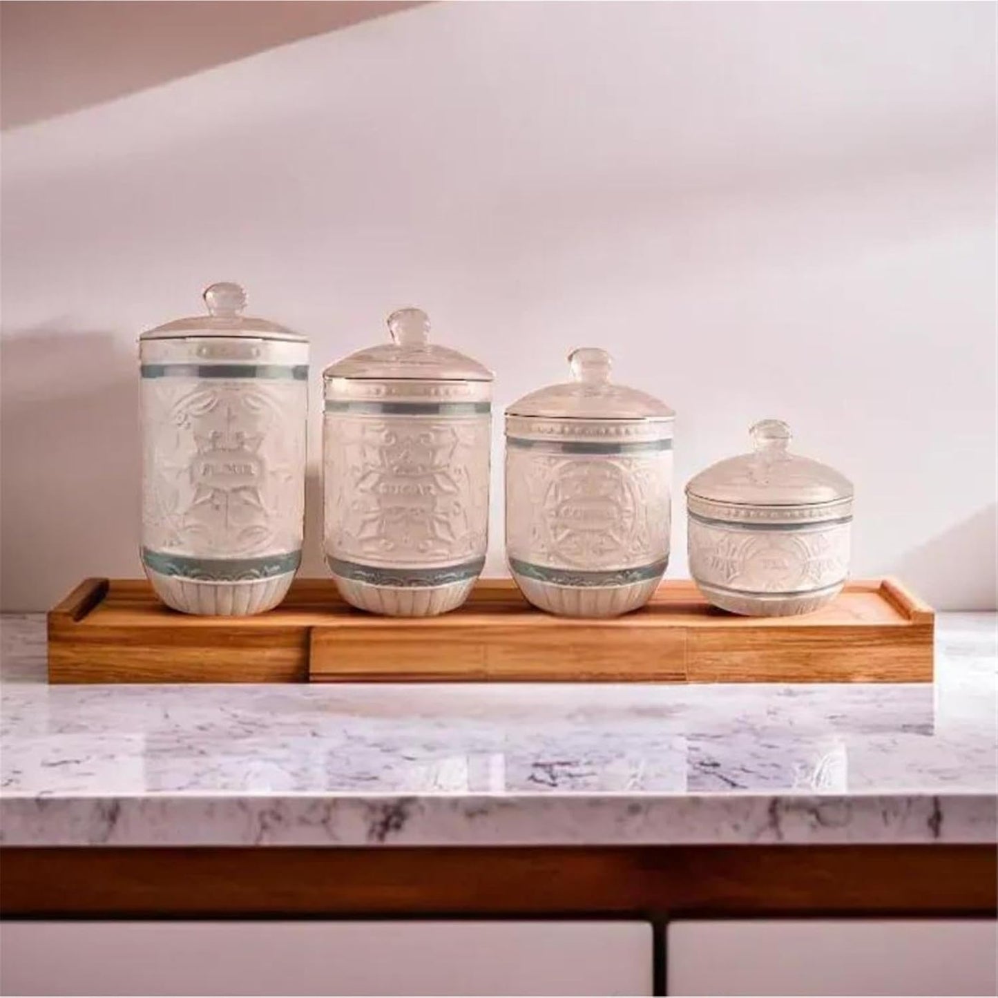 Young's Inc. 4 Pcs Set Casual Provincial Ceramic Canisters- Storage Container for Kitchen and Bathroom - Beautiful Home Decor Accent to Store Food, Coffee, Tea, and More - Green, White-VerdiqueGarden