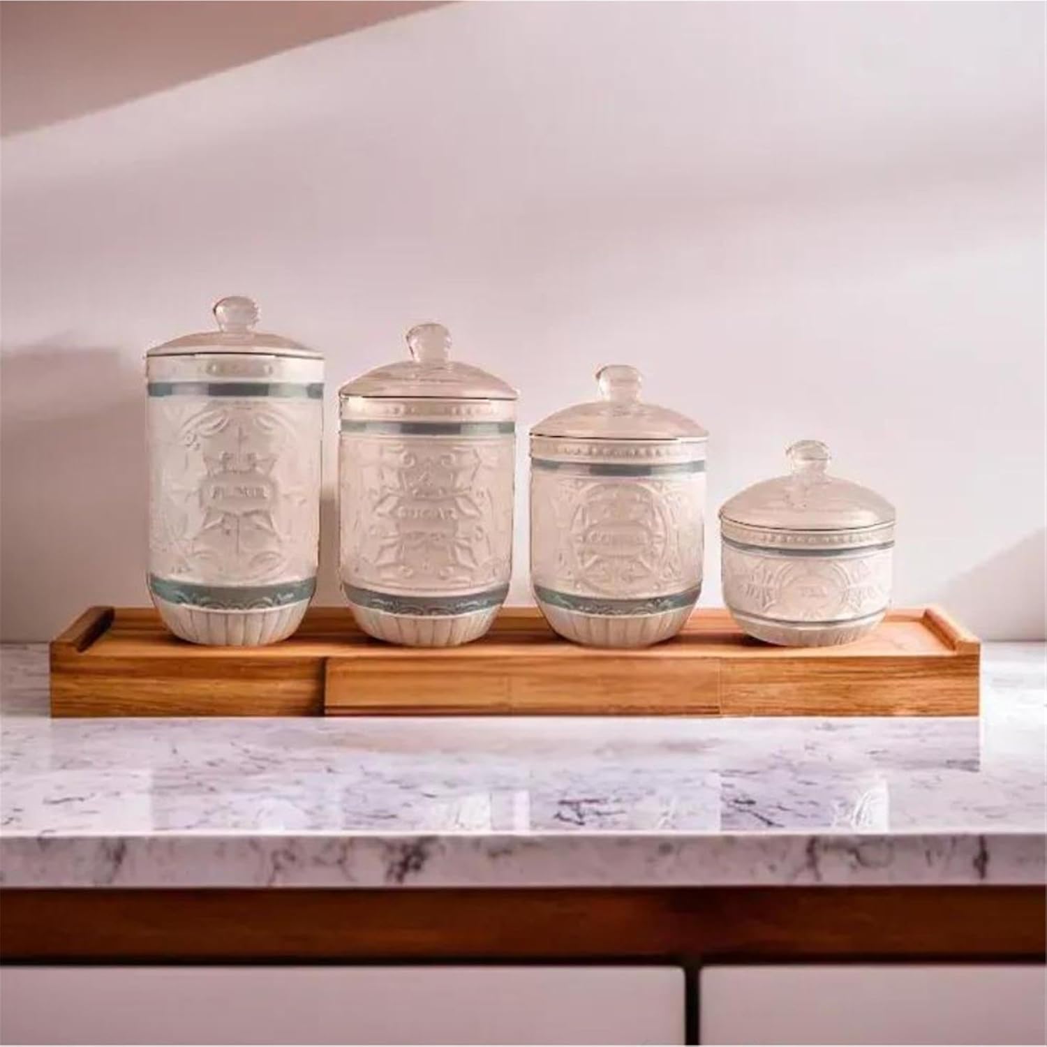 Young's Inc. 4 Pcs Set Casual Provincial Ceramic Canisters- Storage Container for Kitchen and Bathroom - Beautiful Home Decor Accent to Store Food, Coffee, Tea, and More - Green, White-VerdiqueGarden