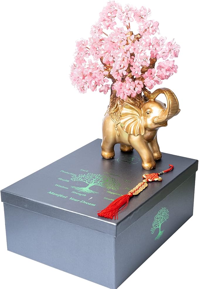 Rose Quartz Crystal Money Tree on Gold Elephant Statue, 17”Large Gemstone Bonsai Tree of Life Home Décor Gifts for Wealth Positive Energy, Feng Shui Décor-VerdiqueGarden