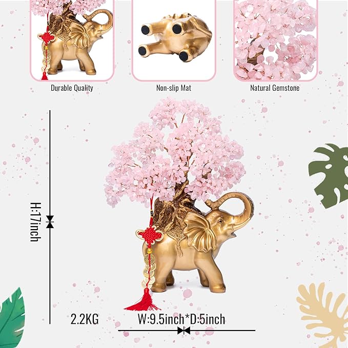Rose Quartz Crystal Money Tree on Gold Elephant Statue, 17”Large Gemstone Bonsai Tree of Life Home Décor Gifts for Wealth Positive Energy, Feng Shui Décor-VerdiqueGarden