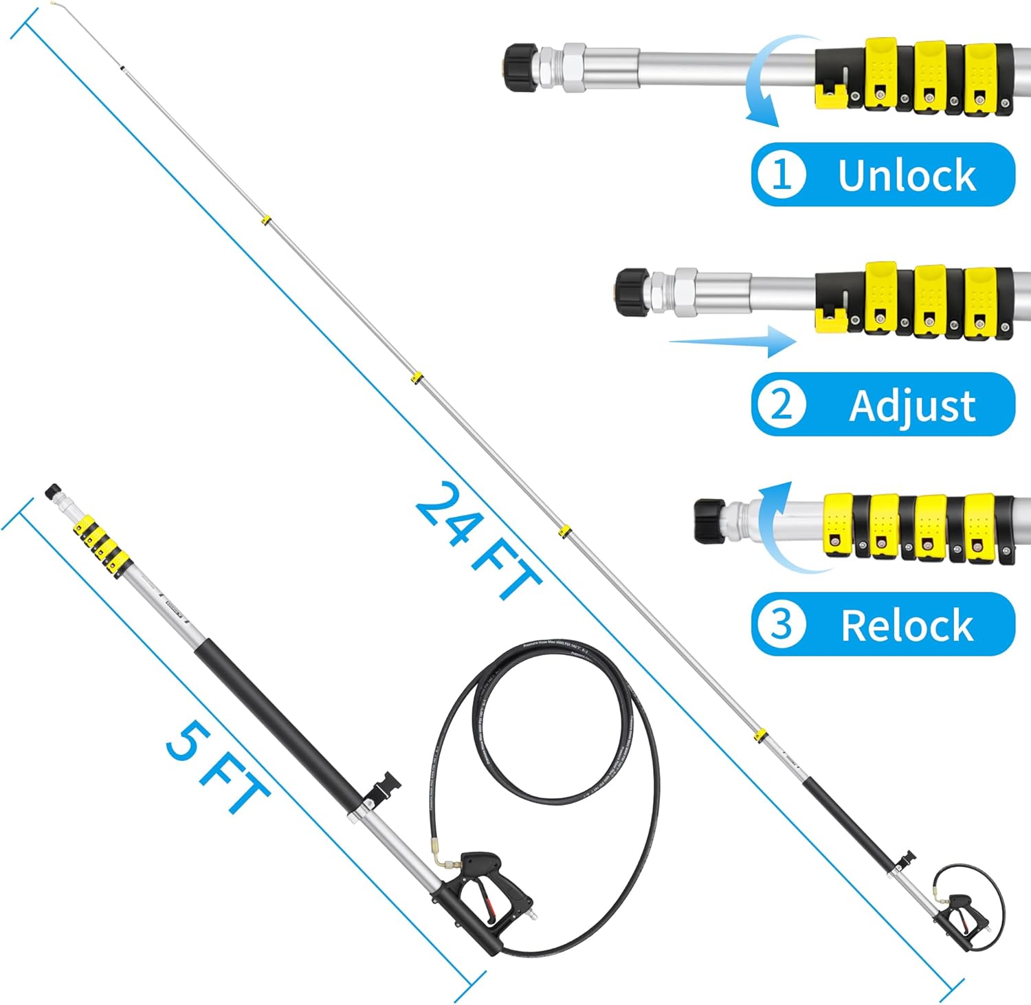 24 FT Telescoping Pressure Washer Wand Extension, Aluminum Power Washer Extension Wand with 7 Nozzle Tips, 3 Adapters & Support Harness, Gutter Cleaning Tools for 2 Story House-VerdiqueGarden