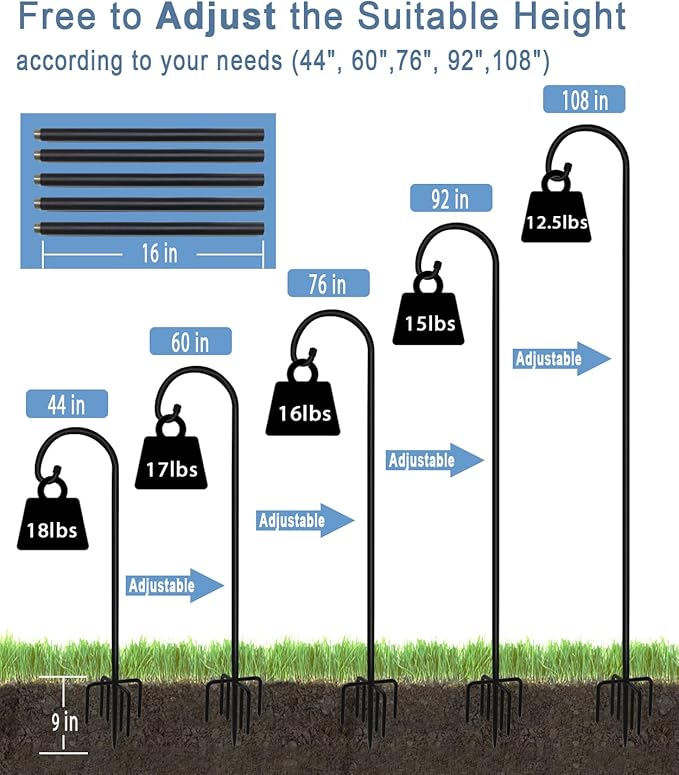 108 inch Outdoor Shepherd Hook with 7 Prong Base (1 Pack), Adjustable Heavy Duty Garden Hanging Stake for Bird Feeder Solar Light Plant Hanger Wedding Decor, Matte Black-VerdiqueGarden
