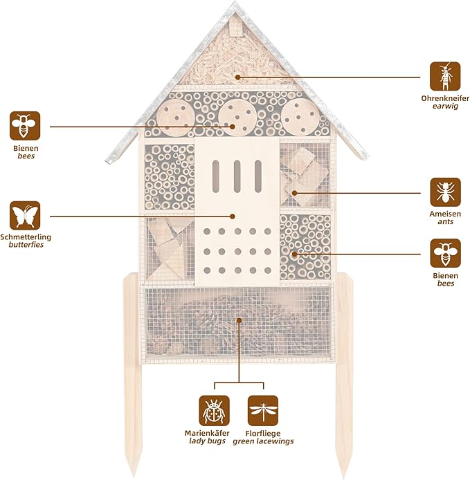 antiai Extra Large Wooden Insect House with Stakes,Wood Mason Bee Butterfly House,Insect Hotel,an Outdoor Bamboo Habitat for Ladybugs Live,Bee Box,Butterfly Habitat for Garden and Yard,30" H x15 W-VerdiqueGarden