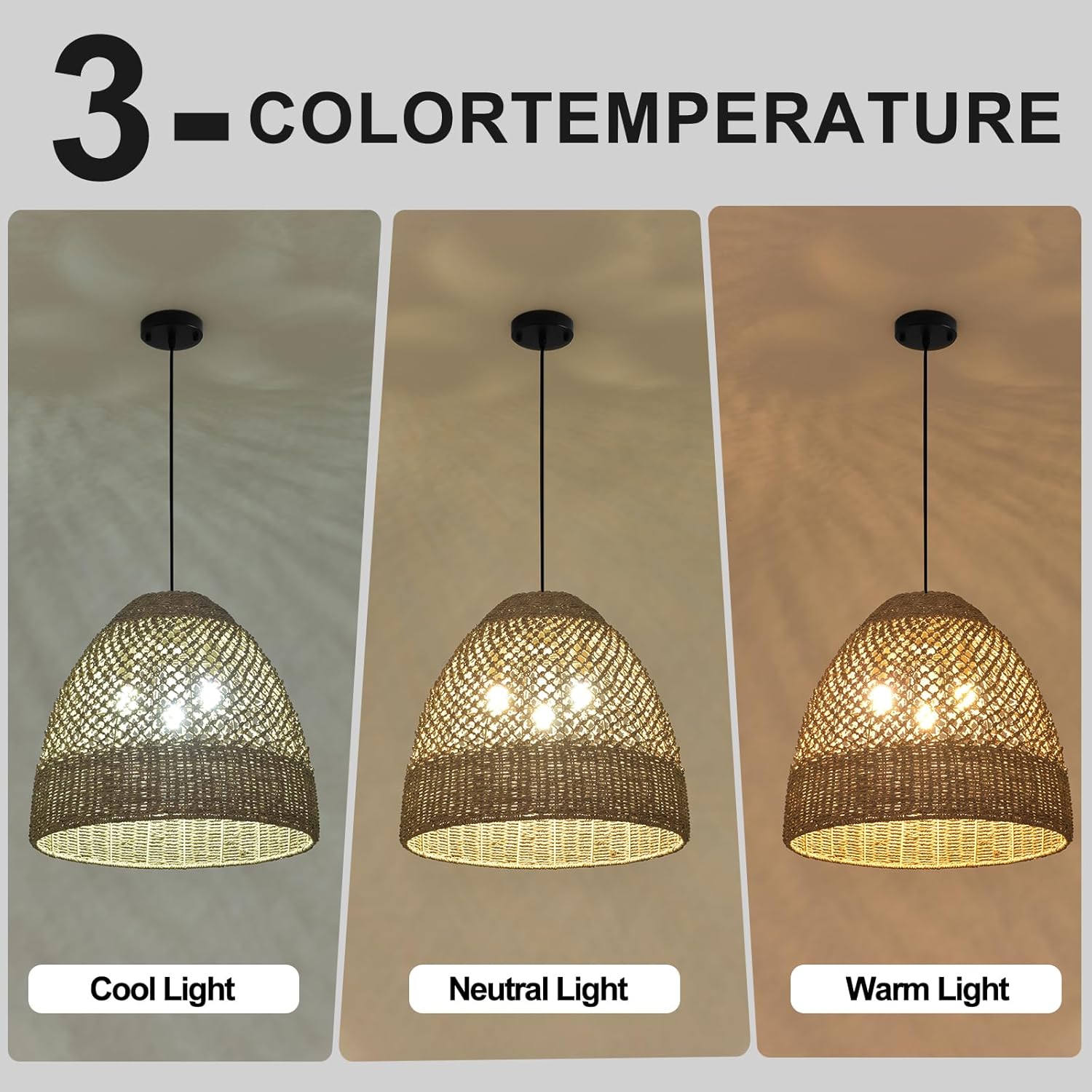 18.9" Rattan Chandelier, Coastal Large Pendant Light,Boho 3-Light Wicker Hand-Woven Seagrass Pendant Lighting Ceiling Hanging,for Kitchen Islands, Dining Rooms, and Farmhouses.-VerdiqueGarden