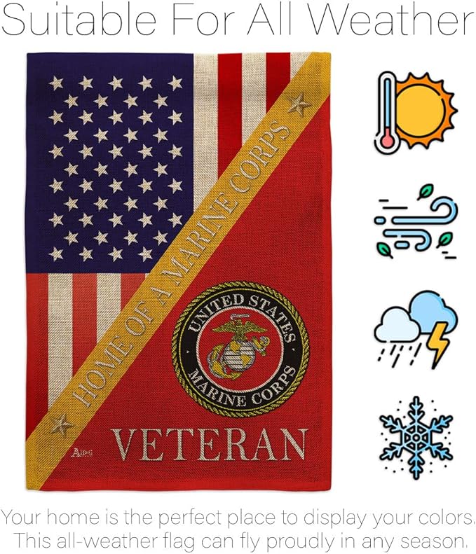 Home of Marine Corps Burlap Garden Flag - Set with Stand Armed Forces USMC Semper Fi United State American Military Veteran Retire Official House Banner Cemetery Yard Rememberance Veterans Day Gifts-VerdiqueGarden