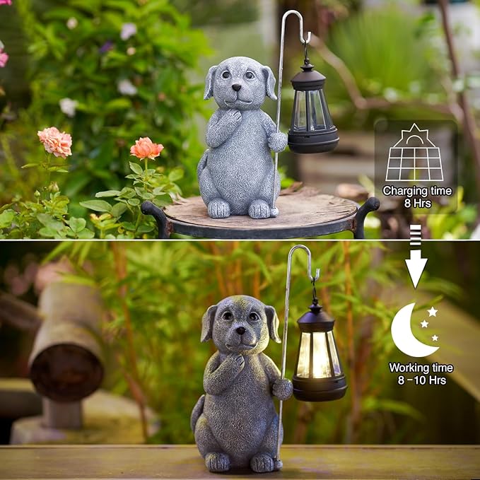 Dog Statue with Solar Lantern - Outdoor Decor Dog Figurines for Garden Lawn Patio Balcony, Outdoor Statues Unique Gifts for Women Moms Grandma-VerdiqueGarden