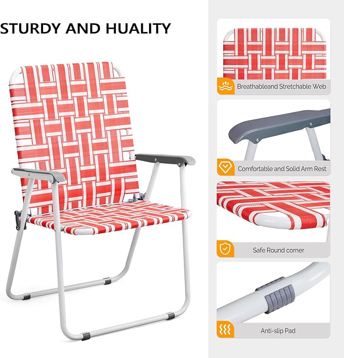 VINGLI Patio Lawn Webbed Folding Chairs Outdoor Beach Portable Camping Chair for Yard, Garden (2, Red, Oversized)-VerdiqueGarden