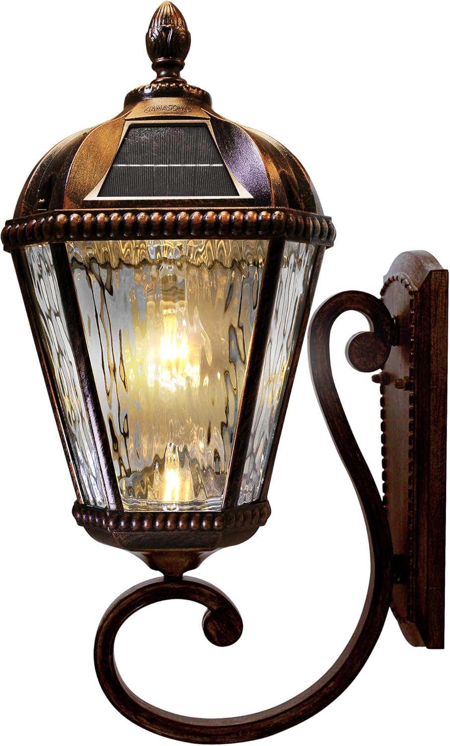Gama Sonic Solar Outdoor Wall Light, Royal Bulb Exterior Sconce Lamp, Brushed Bronze Finish Aluminum, Clear Beveled Glass, Warm White LED, Large 21-Inch Height, 98B110 Upgraded Panel and Battery-VerdiqueGarden