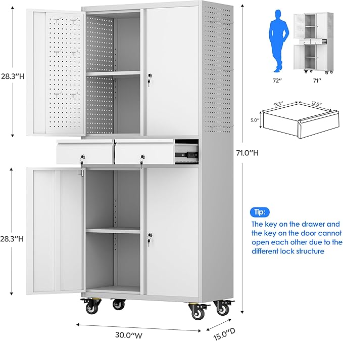 Metal Garage Storage Cabinet with Locking Doors and 2 Adjustable Shelves, Rolling Tool Storage Cabinet with 4 Wheels and 2 Drawer for Garage, Warehouse, White and Gray, Assembly Required-VerdiqueGarden