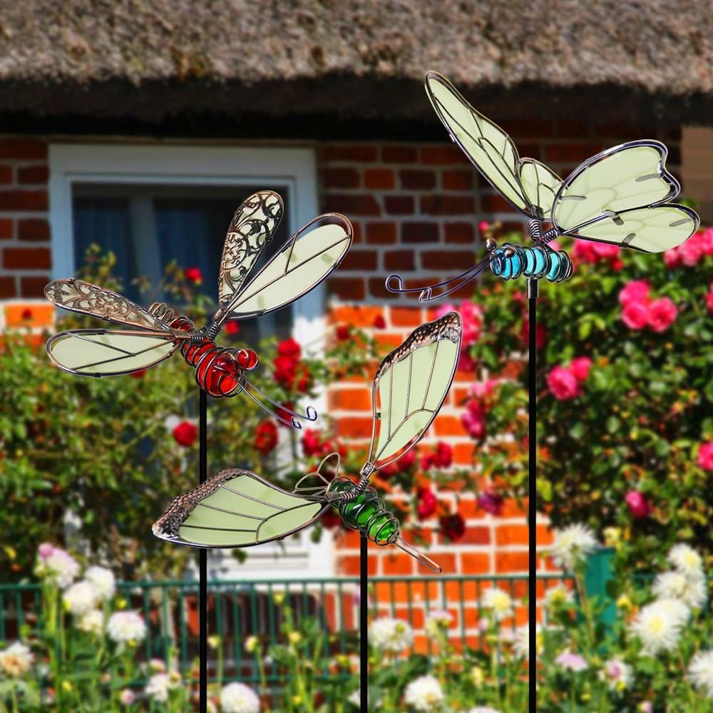 Juegoal 20 Inch Butterfly Garden Stakes Decor, Dragonfly Stakes, Hummingbird Glow in Dark Metal Yard Art for Mom, Mothers Day Ideal Gifts, Indoor Outdoor Lawn Pathway Patio Ornaments, Set of 3-VerdiqueGarden
