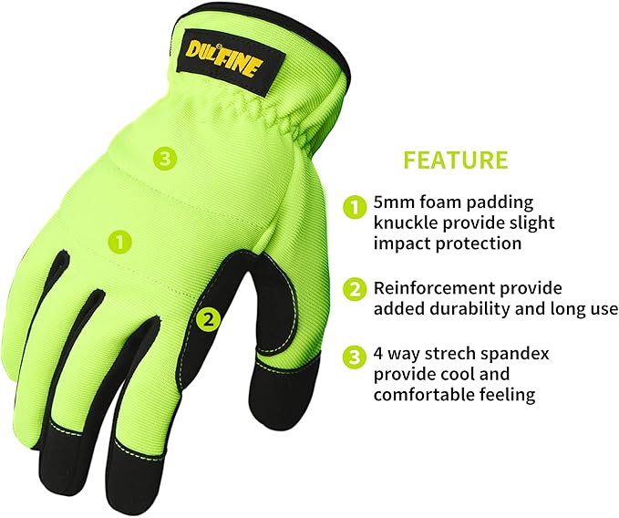 DULFINE High Performance Work Gloves For Men(3 Pairs Pack),Hi-Vis Yellow Color,High Dexterity Touch Screen For Multipurpose,Excellent Grip (Extra Large)-VerdiqueGarden
