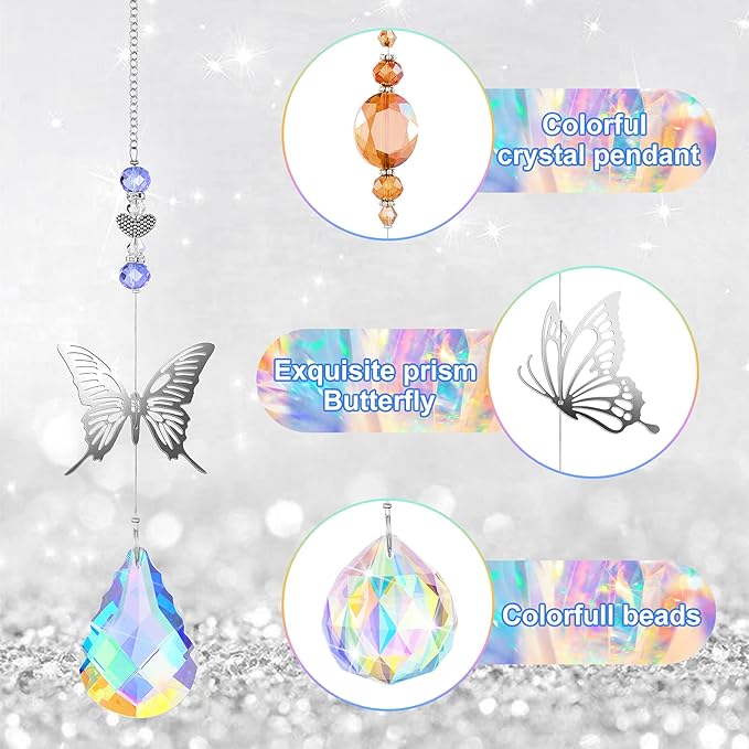 Hicarer 7 Pieces Crystals Suncatcher Butterfly Prism Sun Catchers Colorful Crystal Chandelier Rainbow Pendant Christmas Tree Decor Wall Hanging Window Ornament-VerdiqueGarden