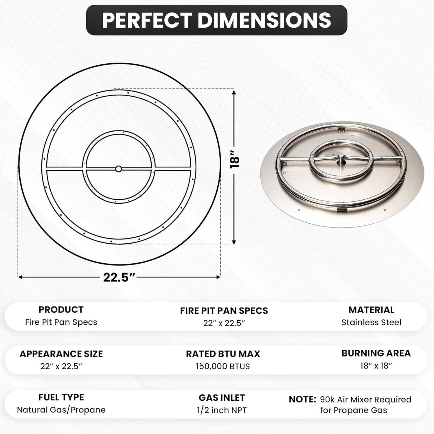 Stainless Steel Fire Pit Burner Pan & Ring, Works with Liquid Propane or Natural Gas, 22-Inch Pan, 18-Inch Ring, 150,000 BTU Max-VerdiqueGarden