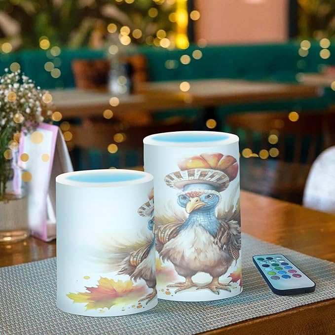 Flickering Flameless Candles, Cute Turkey Thanksgiving Pumpkin LED Candles with Remote Timer, Set of 2 Battery Operated Candle for Valentine Wedding Birthday-VerdiqueGarden
