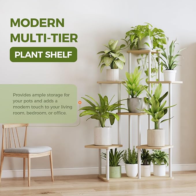 Bamworld 7 Tier Plant Stand Indoor, Large Metal Plant Shelf for Multiple Plants, Tall Tiered Flower Stand for Patio Garden Balcony Living Room Bedroom(White)-VerdiqueGarden