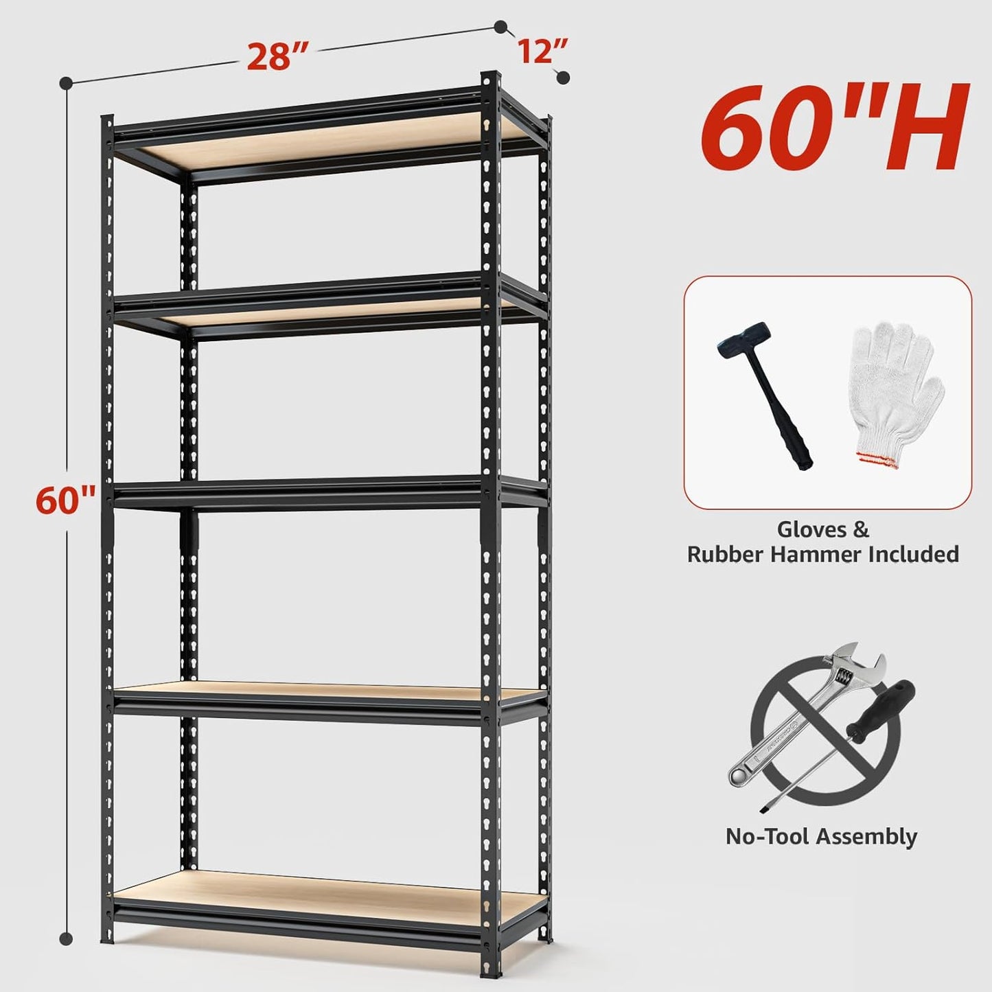 5-Tier Adjustable Metal Storage Shelves, Heavy Duty Garage Shelving 60" H x 28" W x 12" D, Shelving Unit Rack for Kitchen, Classroom, Dormitory, Basement & Warehouse (Black)-VerdiqueGarden