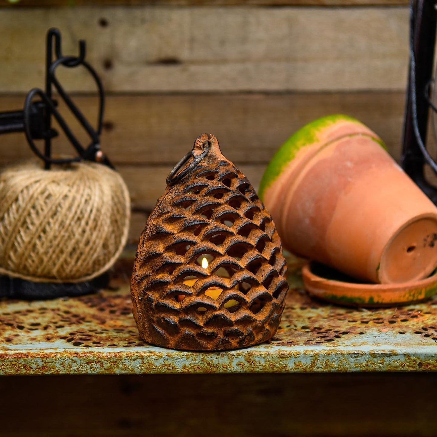Sungmor Cast Iron Pinecone Candle Holder - Tabletop Decorative Tealight Lantern, Rustic Style Hanging Home Garden Decor, Vintage Stand for Votive or Flameless Candles-VerdiqueGarden