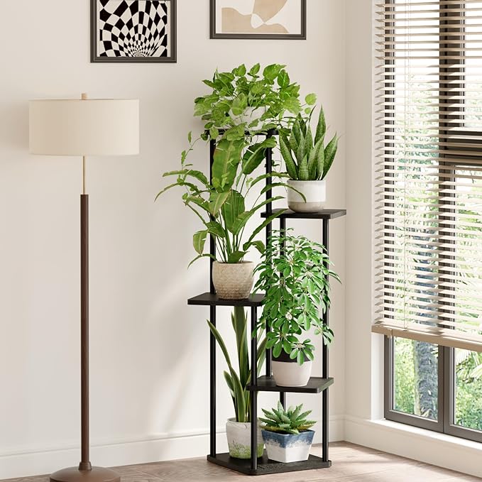 Bamworld Corner Plant Stand Indoor, 5 Tier Metal Plant Shelf for Multiple Plants, Tall Flower Stand for Patio Garden Balcony Living Room Bedroom(Black)-VerdiqueGarden