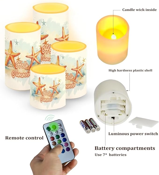 Flameless LED Candles Electric Candles with Remote Timer Control Color Changing Long Lasting Tealights Fake Candles Set of 4, Beach Themed Home Decoration, Starfish Hello Summer-VerdiqueGarden