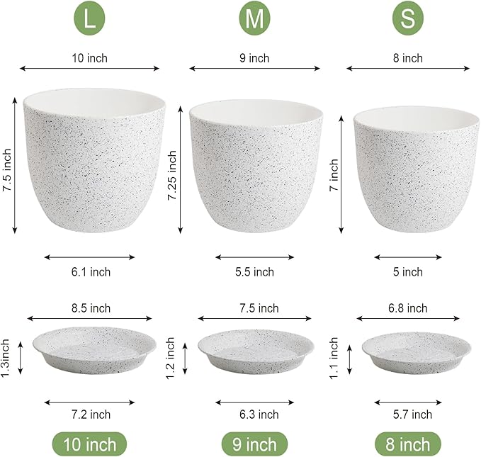 10/9/8 inch Medium Plant Pots, Set of 3 Modern Decorative Plastic Planters with Drainage Holes and Saucers for Garden House Plants, Flower Pots for Indoor Outdoor Plants, Speckled White-VerdiqueGarden