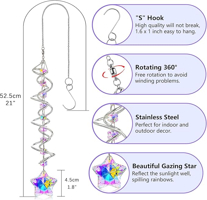 H&D HYALINE & DORA 21inch Crystal Suncatcher for Window Hanging Double-Spiral Design Gazing Ball Spiral Tail Wind Spinners Sun Catchers Rainbow Maker Indoor Outdoor Christmas Decoration-VerdiqueGarden