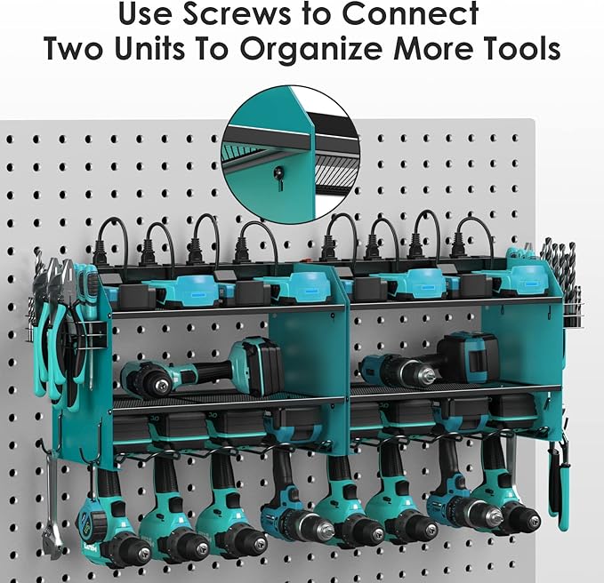 CCCEI Set Power Tool Organizer Wall Mount with Charging Station. Garage 4 Drill Storage Shelf with Hooks, Heavy Duty Metal Tool Battery Charger Organizer. Shop Utility Rack with Power Strip Navy Blue.-VerdiqueGarden