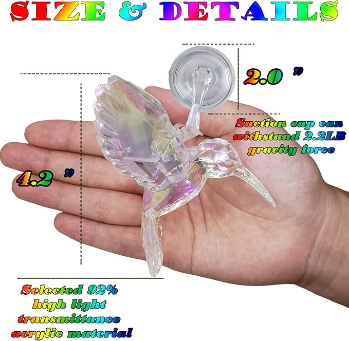 6 Pcs in 6 Colors Set Shiny Iridescent Hummingbird Hanging Ornaments with Suction Cup, Clear Acrylic Crystal Art Hummingbird Figurines Pendants Decorations for Christmas Xmas Tree.-VerdiqueGarden