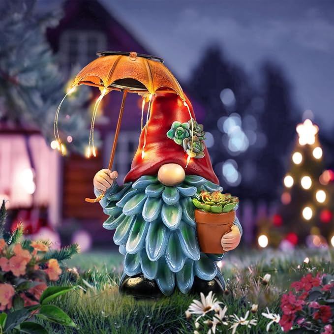 Solar Outdoor Statues Gnome Garden Decor, Garden Gnome with Solar LED Umbrella Decorative for Patio, Balcony, Lawn, Yard Ornament - Unique Gardening Gifts for Mom Grandma-VerdiqueGarden