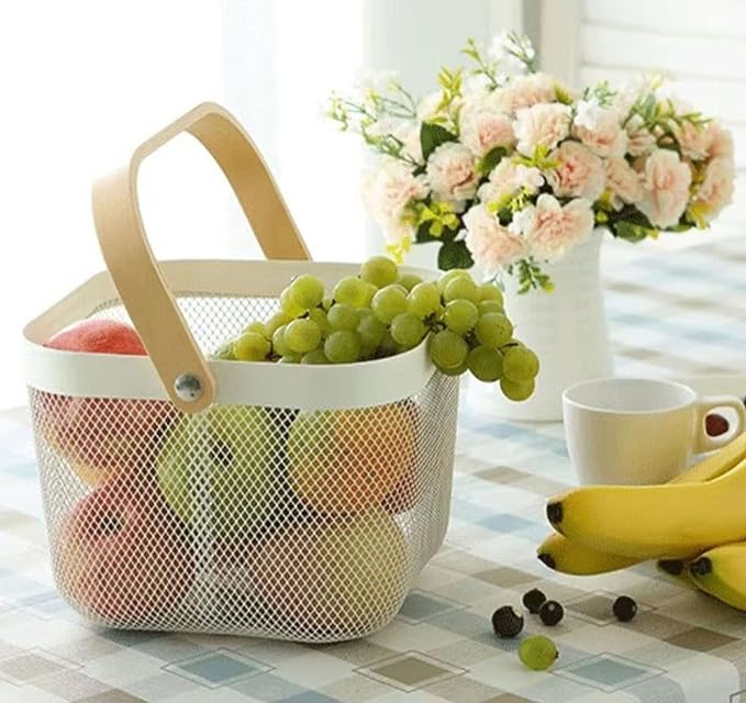 Metal Mesh Steel Basket, Storage Organizer Basket Multi-functional Hanging Kitchen Baskets Fruit Basket Bin with Bamboo Handle for Kitchen Bathroom Picnic Shopping Decor Cabinet Home, Beige-VerdiqueGarden