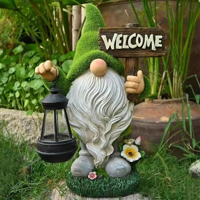 Garden Gnome Statue Outdoor Decor Large Flocked Resin Gnome Figurine with Solar Light Holding Lantern Welcome Sign Garden Yard Decorations Dwarf Sculpture for Outside Patio Porch Lawn Decor.-VerdiqueGarden