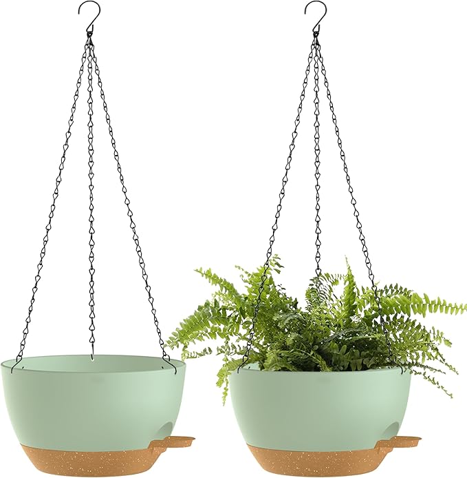 12 Inch Hanging Baskets 2 PC with Chains, Self-Watering Hanging Planters for Indoor Outdoor Plants, Plastic Hanging Flower Pots,Green Brown-VerdiqueGarden