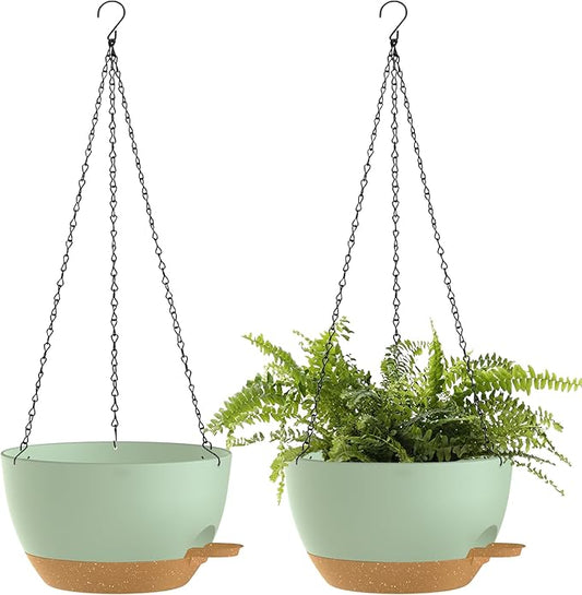 12 Inch Hanging Baskets 2 PC with Chains, Self-Watering Hanging Planters for Indoor Outdoor Plants, Plastic Hanging Flower Pots,Green Brown-VerdiqueGarden