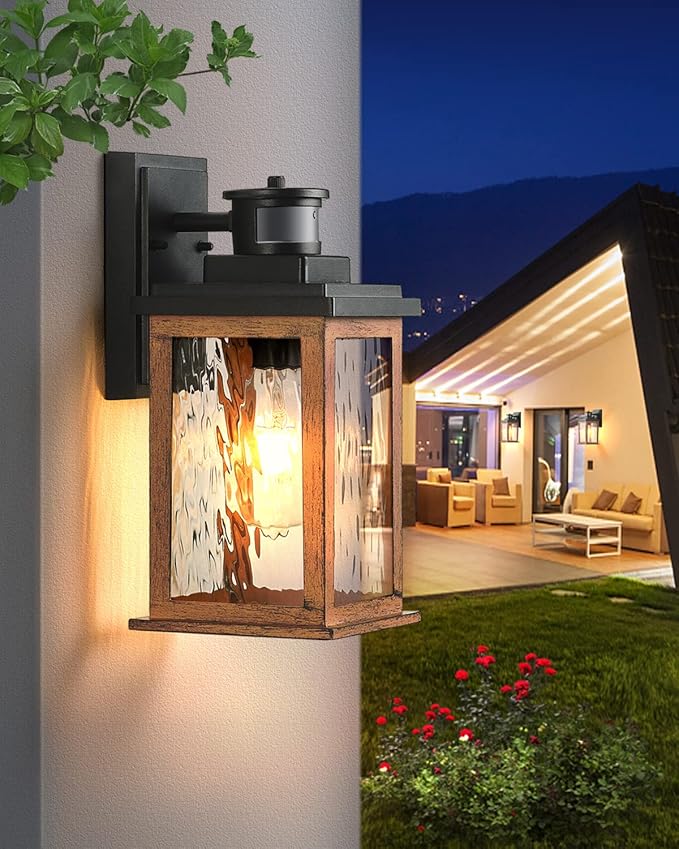 VIANIS Motion Sensor Outdoor Lights, Dusk to Dawn Outdoor Lighting for House, Wood Grain Garage Lights, Lantern Wall Mount, Waterproof Porch Sconce for Entryway, with Anti-Rust, Weather Resistant-VerdiqueGarden