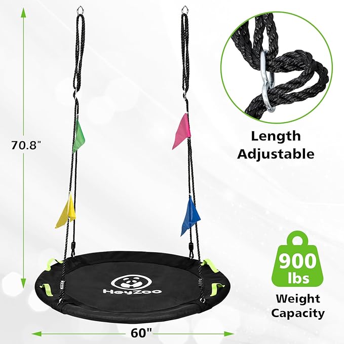 Tree Swing, 60 inch Larger Saucer Swing for Whole Family, 900lbs Weight Capacity, with Adjustable Hanging Straps, for Outdoor Backyard, Gifts for Kids, Black-VerdiqueGarden