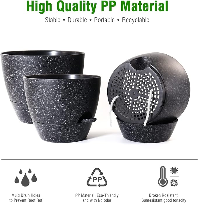 10/9/8 inch Self Watering Pots, Set of 3 Plastic Planters with Mesh Drainage Holes and Deep Reservoir for Indoor Outdoor Garden Plants and Flowers, Black Speckles-VerdiqueGarden