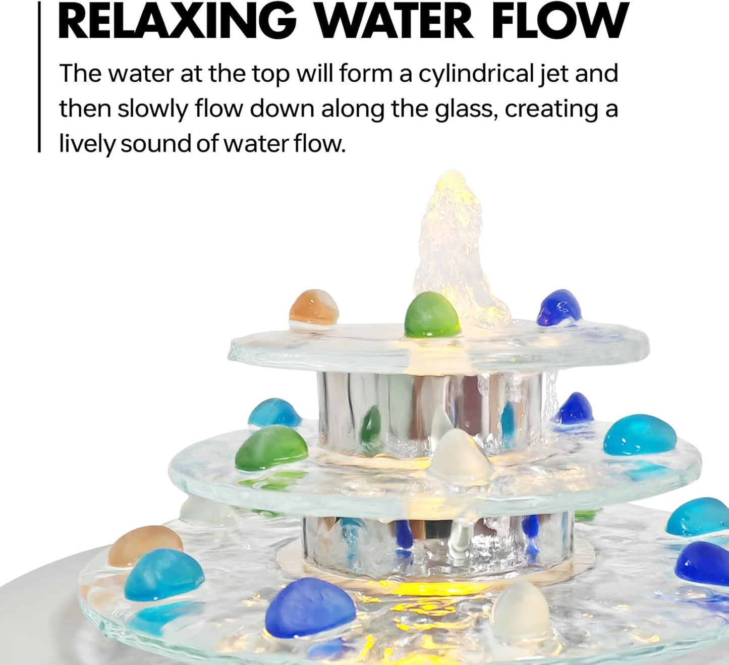 Indoor Tabletop Fountain 3-Tier Waterfall, Zen Meditation Fountains with LED Light, Home Desktop Soothing Sound Meditation Relaxing Water Feature for Office Room Table Decoration-VerdiqueGarden