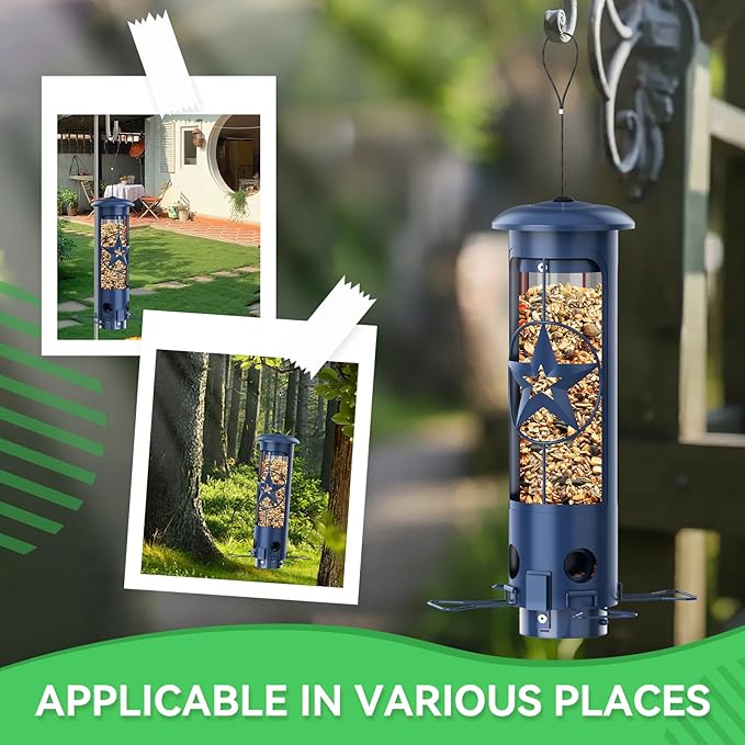 Squirrel Proof Bird Feeders for Outdoors Hanging, Metal Squirrel Proof Bird Feeder with Gravity Protection, 3LB Large Capacity Wild Bird Feeders for Outside Finch, Cardinal, Blue Jay (Blue)-VerdiqueGarden