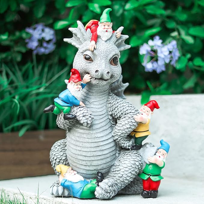 Dragon Gnome Statues Outdoor Decor, 13” Dinosaur Play with Gnomes Garden Statue, Outdoor Statue for All Season Lawn Decor, Garden Decoration, Gardening Gift-VerdiqueGarden