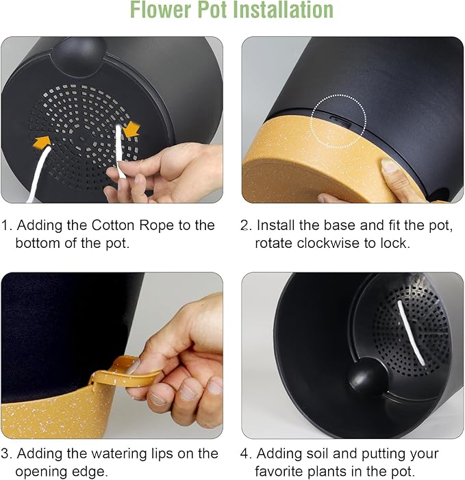 12 inch Large Self Watering Pots, Plant Pots with Mesh Drainage Holes for Indoor Outdoor Plants, Plastic Planters with Deep Reservoir for Garden House Flower Plants, Black with Brown-VerdiqueGarden