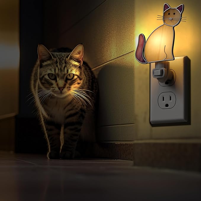 KY&BOSAM Cat Night Light Stained Glass Yellow Plug in Nightlight Decorative Wall Night Lights 7 Watt Bulb Accent Lite Night Memorial Gifts Pet Lost Sympathy Thoughtful Dogs and Cats Remembrance Decor-VerdiqueGarden