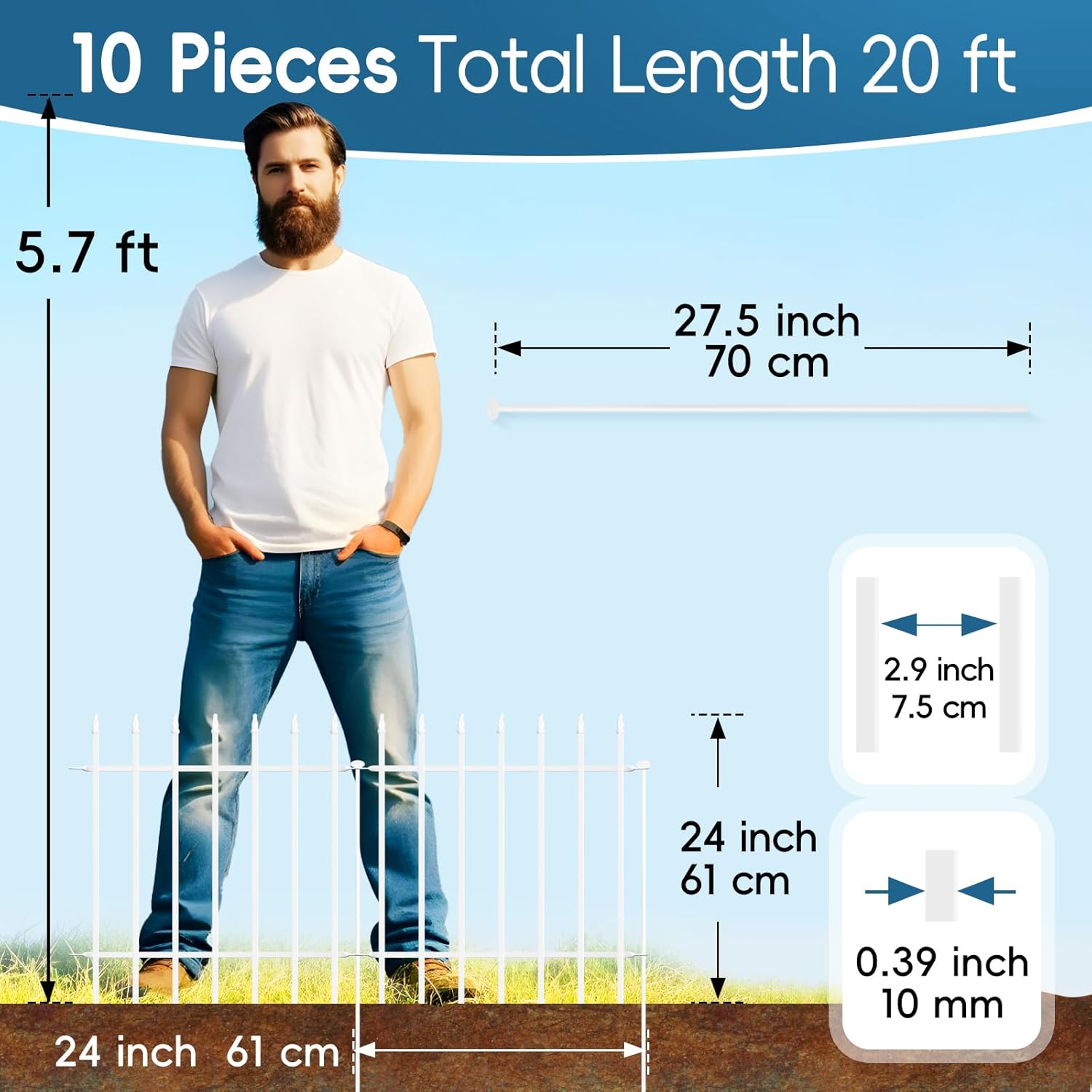 Metal Garden Fence 24" W x 24" H (10 Panels, Total 20 ft), Decorative Border Folding Fence, Landscape Fencing for Flower Bed, Yard, Animal Barrier-VerdiqueGarden