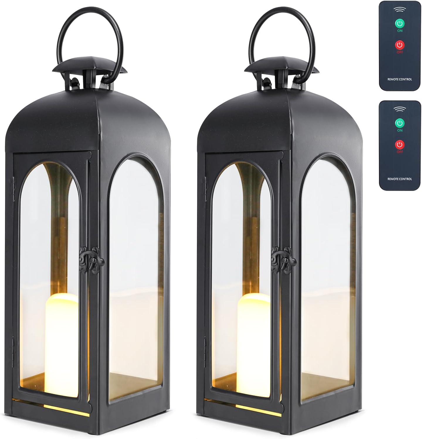 Bdor 2 Pack 20 Inches Metal and Tempered Glass Decorative Lantern with Electronic Wax Effect - Indoor/Outdoor Decorative Lighting, Handcrafted Aesthetic, Perfect for Home, Parties, and Holiday Decor-VerdiqueGarden