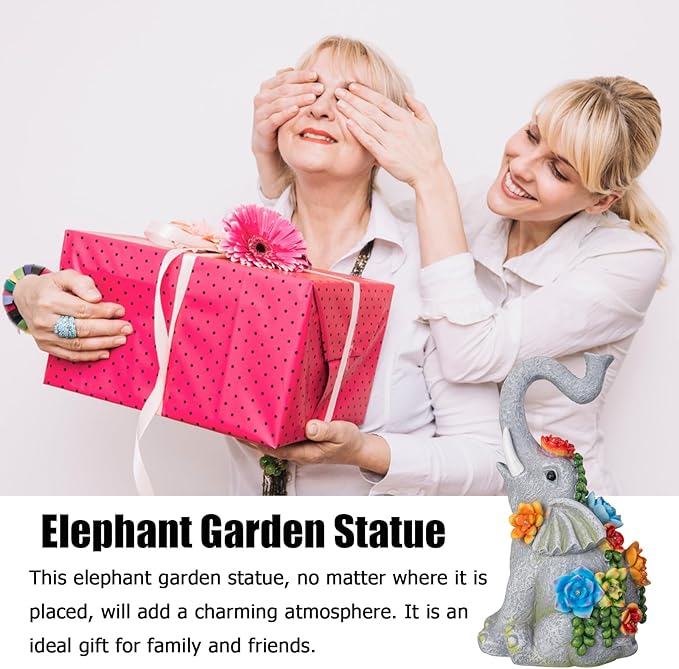 Elephant Garden Statue Solar Lamp with 8 Led Lights Decor Outdoor Resin Waterproof Sculpture Patio Lawn Yard Porch Decorations Housewarming Gifts for Women Mom Grandma-VerdiqueGarden